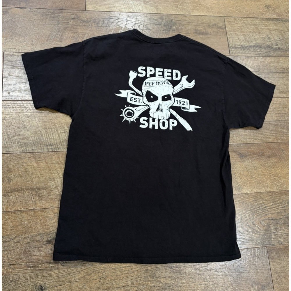 Pep Boys Speed Shop Skull Grunge Double Sided Graphic Tee Large Black Car Racing